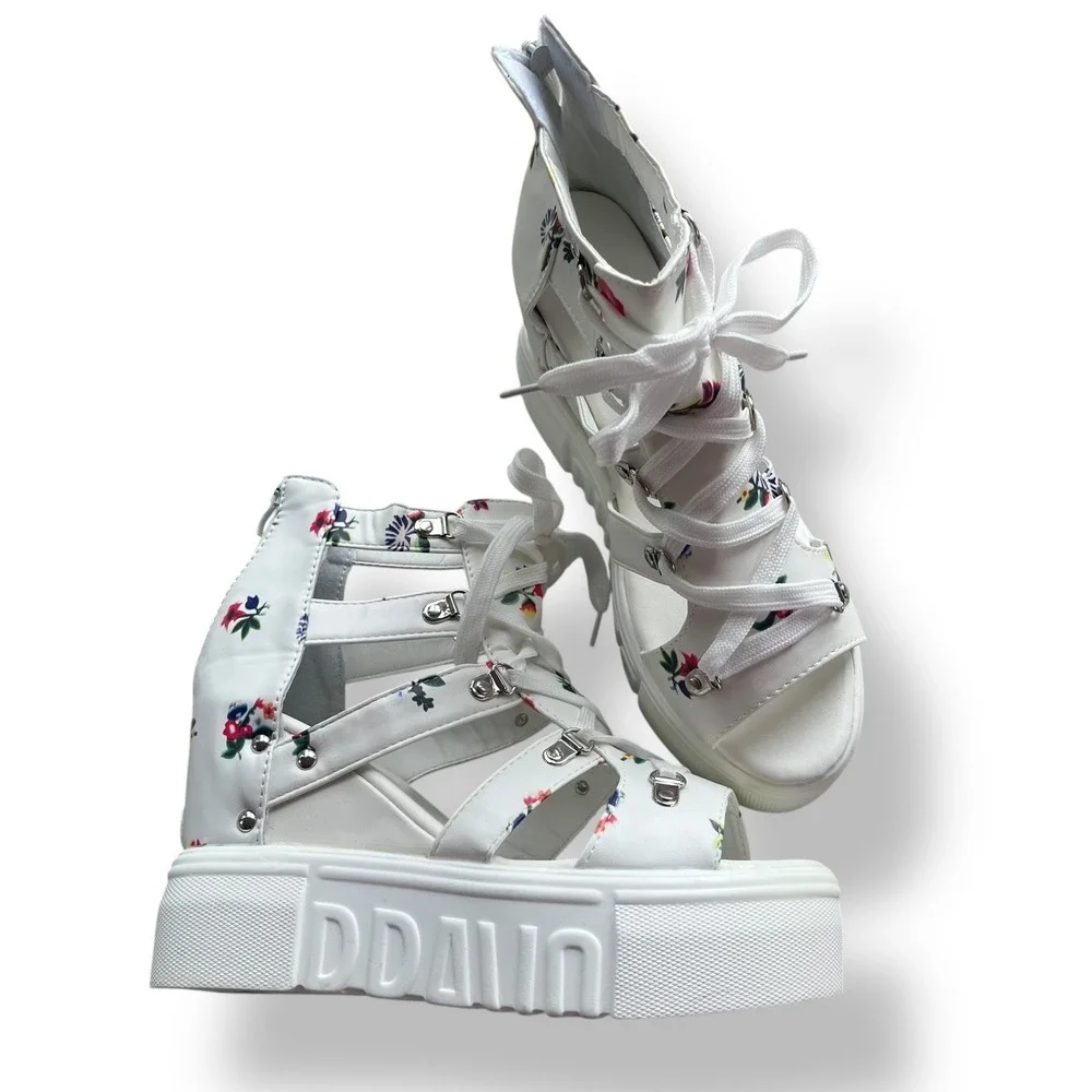 Women 42 White Pink Floral Platform Chunky Lace Up Wedge Gladiator Sandals Roman